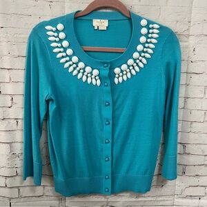 Kate Spade Blue Dive In Cardigan Sweater Size Small Bead Embellishment Aqua